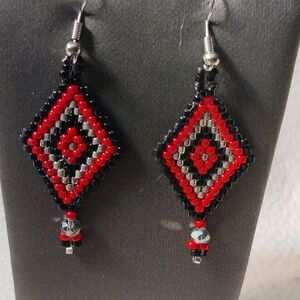 Artisan red black silver triangle Delica beads handmade 1 l/2" X 1"